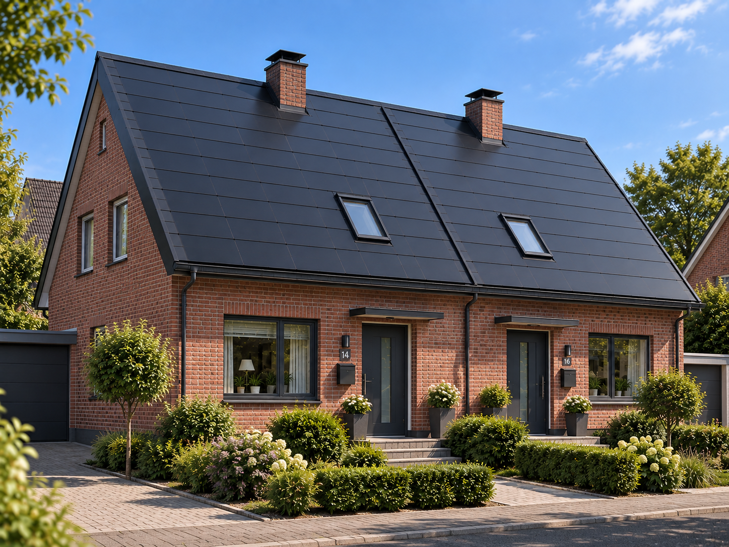 Doppelhaus mit flächenbündig integriertem Solardach