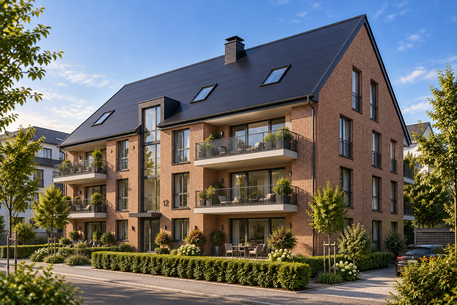 Mehrfamilienhaus mit flächenbündig integriertem Solardach