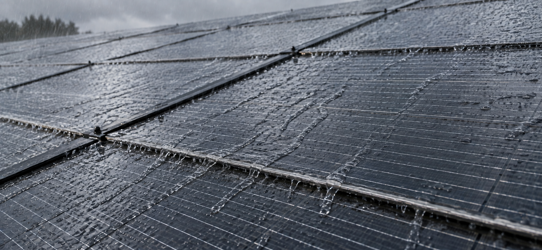 Regenwasser fließt über die verschuppt angeordnete Solardachfläche